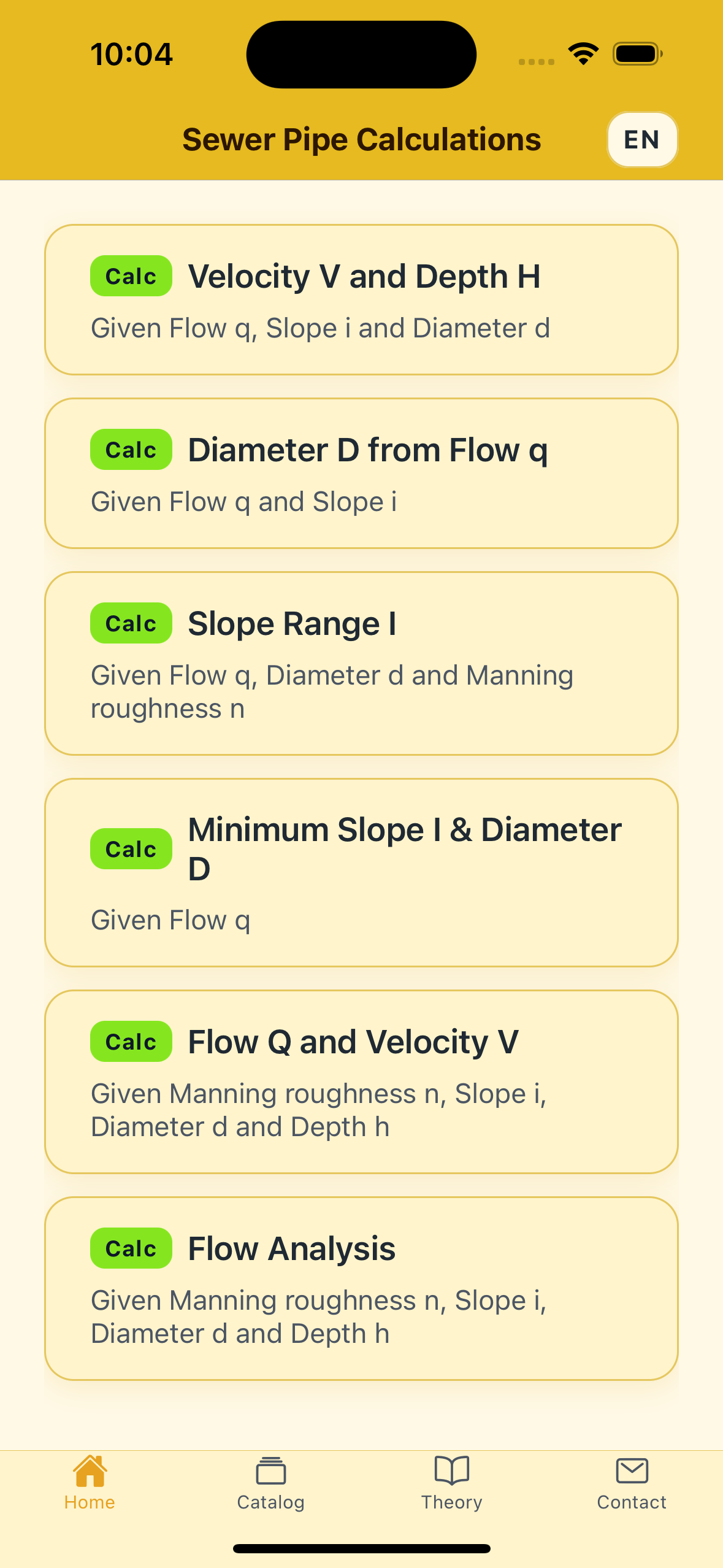 Sewer Pipe Calculator showing its list of Manning calculations