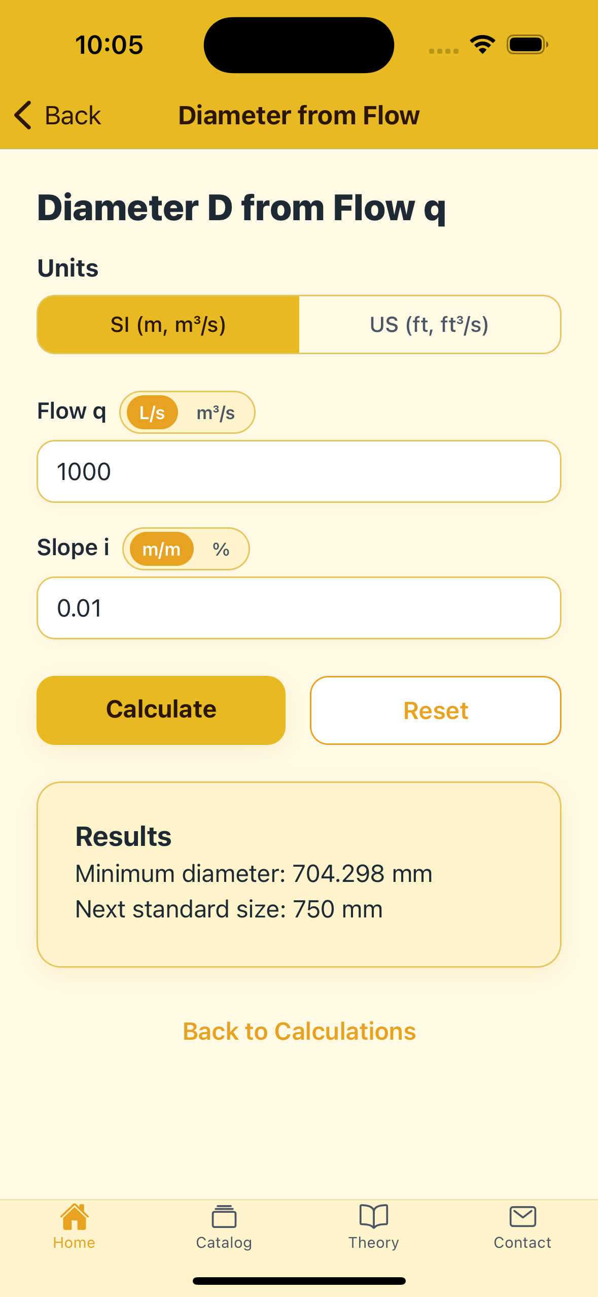 Sewer Pipe Calculator solving diameter from flow, showing the next standard pipe size