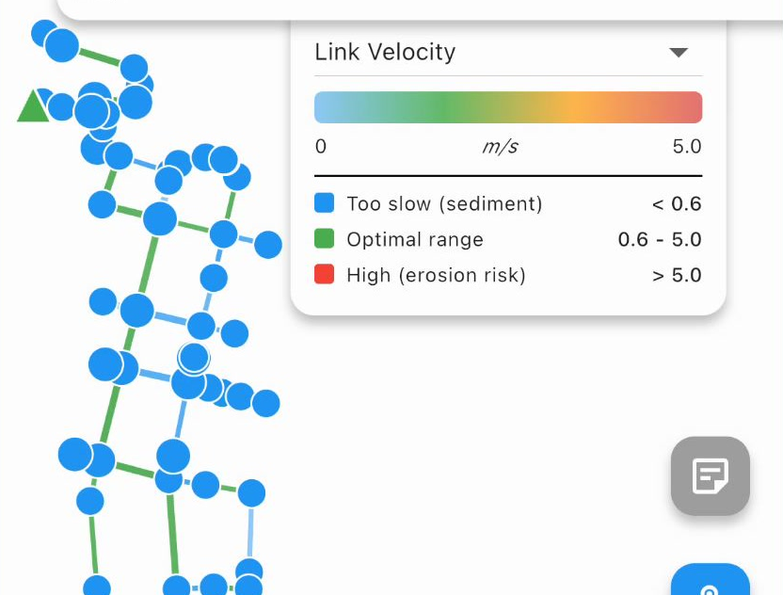 HydroSewer showing color-coded results with the velocity legend